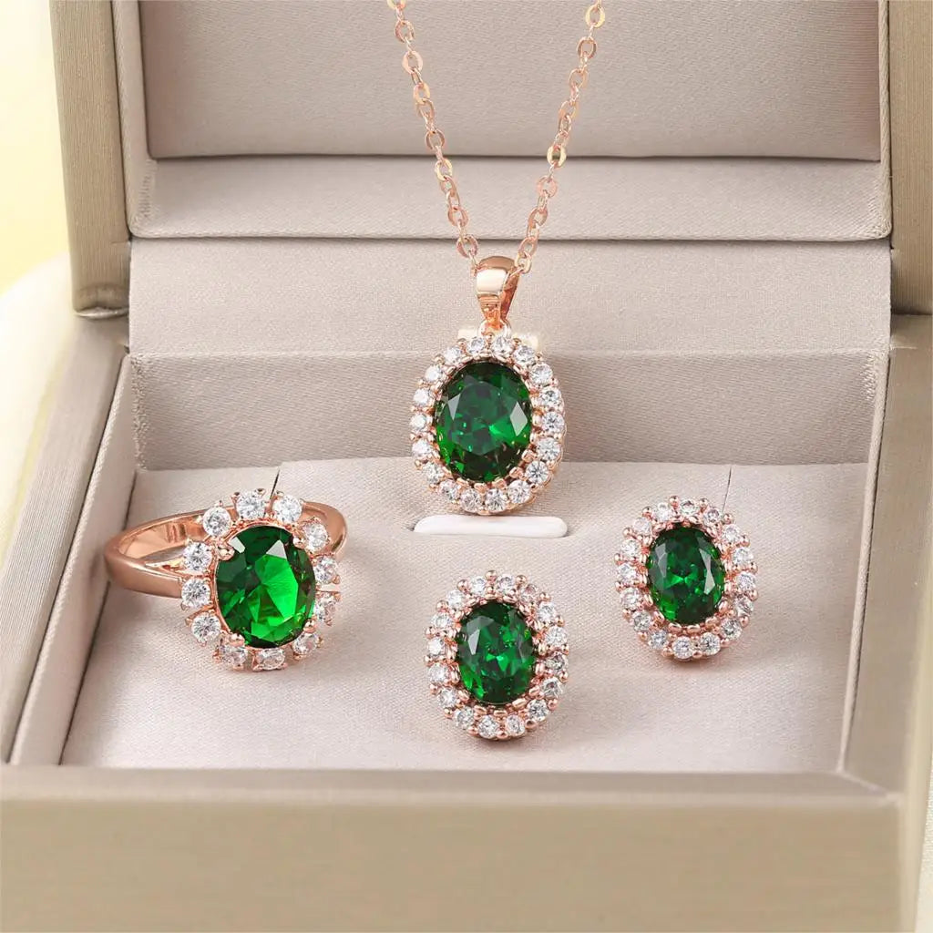 S107 Rose Gold Color AAA Green Austrian Crystal Jewelry Set 3 Pcs Ring Necklace Earrings For Women