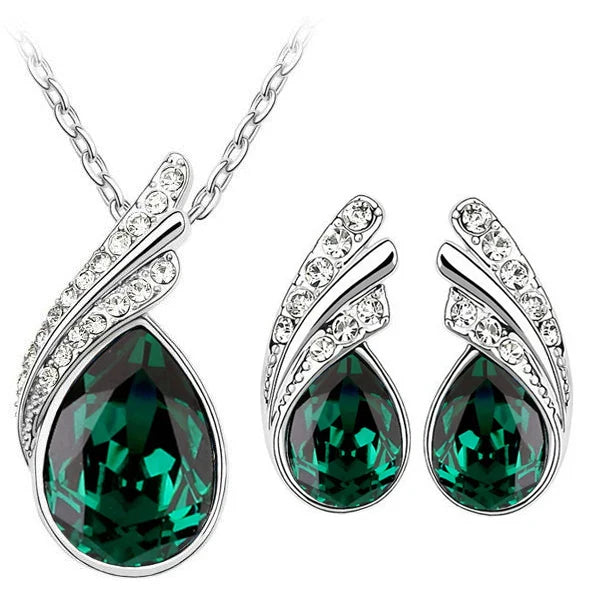 Leaf water feather wings Crystal Pendant Jewelry set