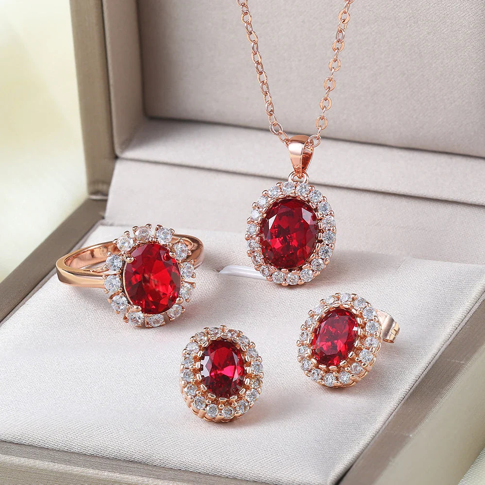 S107 Rose Gold Color AAA Green Austrian Crystal Jewelry Set 3 Pcs Ring Necklace Earrings For Women