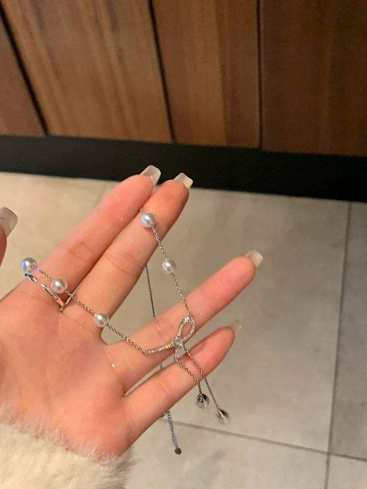 Niche Style Romantic Pearl Tassel Female Clavicle Chain Bows